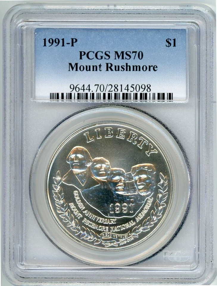 1991P MOUNT RUSHMORE COMMEMORATIVE DOLLAR PCGS MS70 Cert. 28145098 - Image 1 of 2