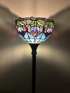 Tiffany Style Torch Floor Lamp Blue Stained Glass Purple Tulips LED Bulb 66"H - Picture 1 of 4