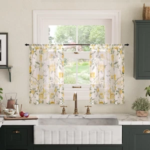 Floral Sheer Curtains for Windows, Short Semi Sheer Light Filtering Vintage Farm - Picture 1 of 8