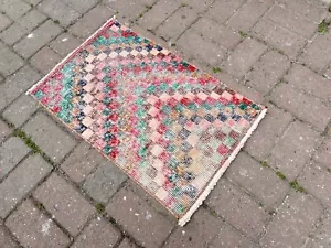 VINTAGE ART DECO HAND KNOTTED OUSHAK WOOL HANDMADE TURKISH BATHROOM DOOR MAT RUG - Picture 1 of 10