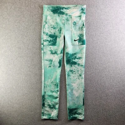 Nike Leggings Niñas L Verde Tie Dye Calce Apretado Bolsillos al Tobillo Dri Fit Suave Foto 1 de 4