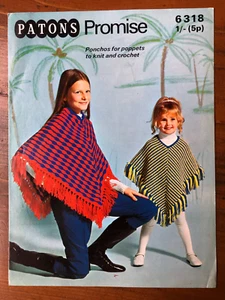 Patons 6318 knitting & crochet pattern child 2-colour fringed poncho in 2 styles - Picture 1 of 9