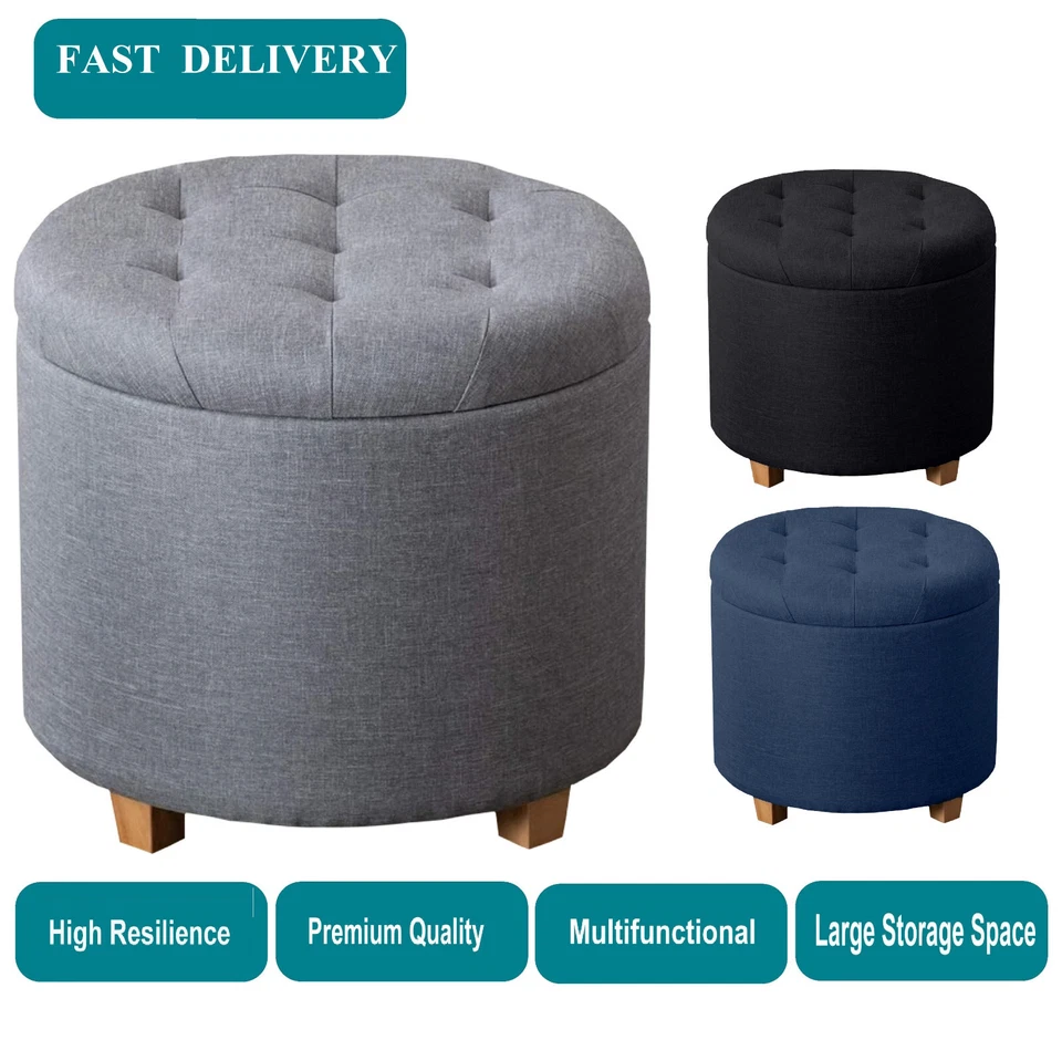 Round Ottoman Storage Box with Lid Linen Fabric, Padded Stool Footstool - Image 1 of 1