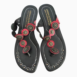 Donald J Pliner 8 Sandals Red Leather Brass Medallions Flip Flops Thong Size 9 - Picture 1 of 10