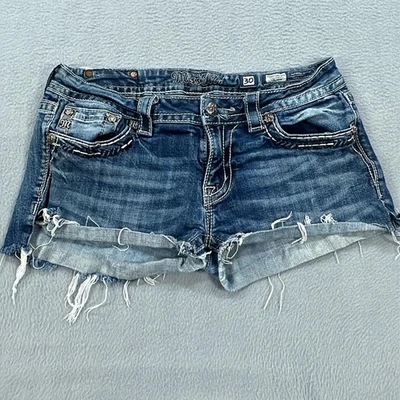 Pantalones Cortos Miss Me Para Mujer 30 Azul Denim Adornado Lentejuelas Corte Deshilachado Dobladillo Bolsillos Foto 1 de 4