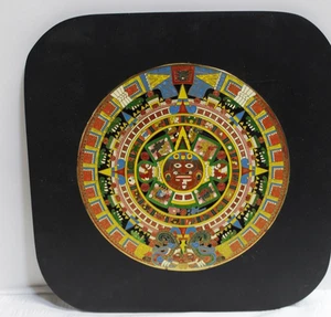 Azteken Maya Kalender Sonne Stein Wandrelief schwarz Holz emailliert Mexiko mit Legende - Bild 1 von 3