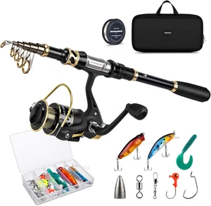 Fishing Rod and Reel Combo Telescopic Pole Set with Fishing Line, Fishing Lures - Picture 1 of 12