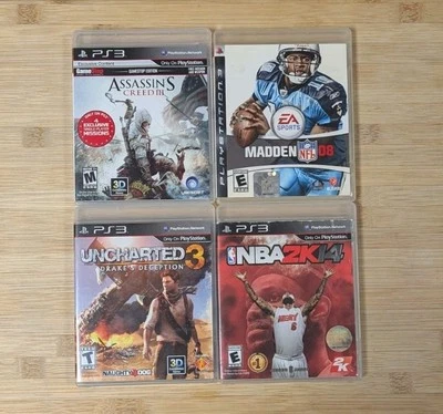 Uncharted 3, Assassin's Creed 3, NBA 2K14, Madden 08 - PlayStation 3 game lot - Image 1 of 4