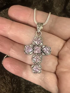 Vintage 925 Sterling Silber Vintage Kreuz rosa Edelstein mit 18 cm Kette - Bild 1 von 12