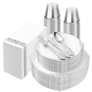350PCS Silver Plastic Plates for 50 Guests, Disposable Dinnerware Set Include... - Picture 1 of 7