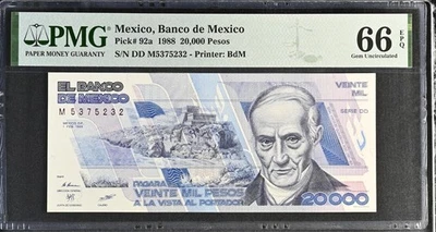 México, Banco de México P#92a 1988 20.000 Pesos PMG Gema UNC 66 EPQ Foto 1 de 2