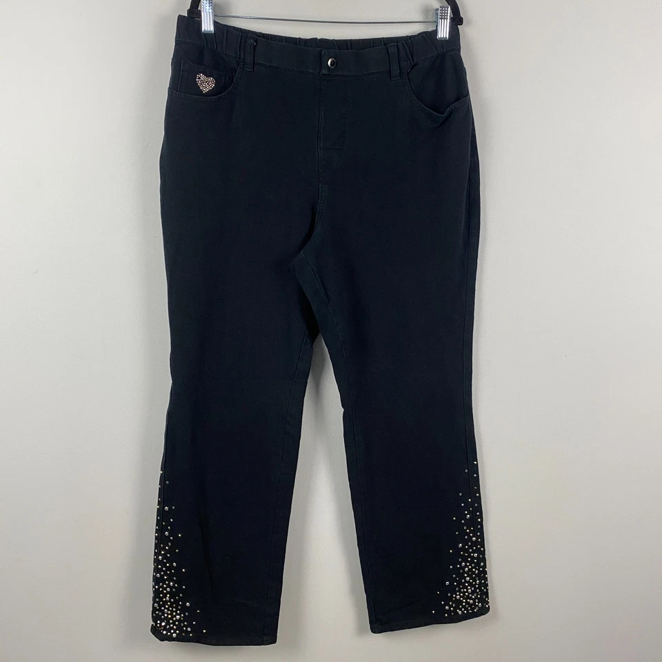 Quacker Factory DreamJeannes Straight Leg Embellished Pants Size Large Black - Image 1 of 4