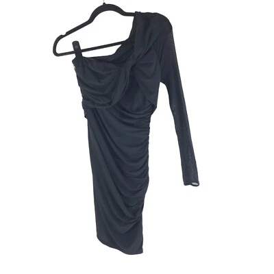 Halston Heritage Sheath Dress Ruched One Shoulder Sheer Sleeve Black S - Image 1 of 4