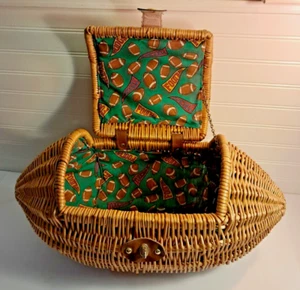 Football Shaped Picnic Basket Lined 21x12 inch Faux Leather Handle & Latch ๐ - Picture 1 of 23