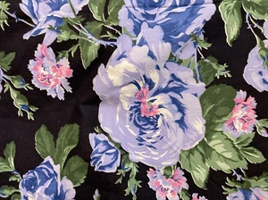 Vintage Marcus Bros Fabric Large Blue Mauve Roses on Black 1.5Y x 44"W - Picture 1 of 3