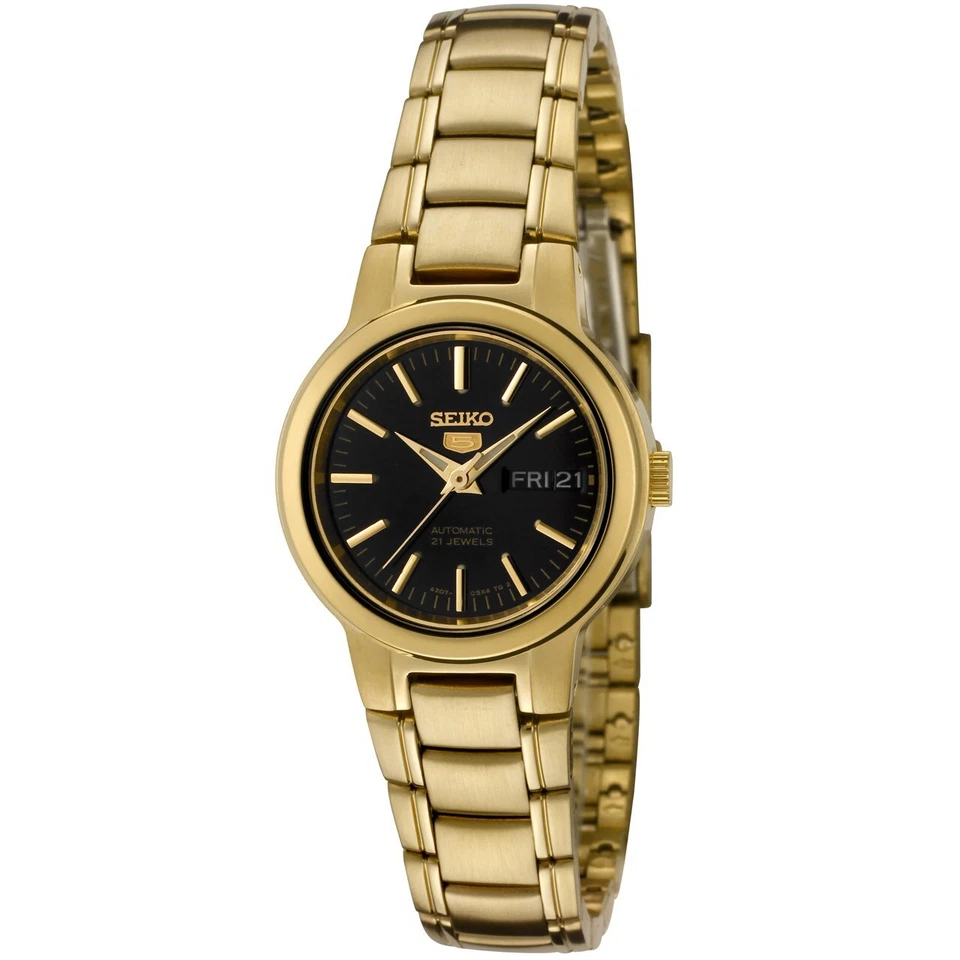 Reloj Seiko para mujer SYME48 5 automático esfera negra tono dorado acero inoxidable Foto 1 de 1