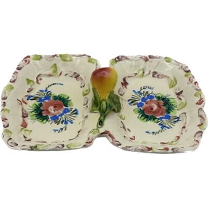 Vtg Italy Serving Divided Dish Tray Nuts Veggie Pear Handle HandPainted Italian - Picture 1 of 6