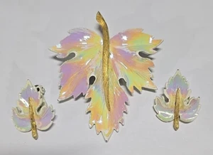 Vintage Amerique Brand Leaf Brooch & clip-on earrings Opalescent Enamel Set - Picture 1 of 4