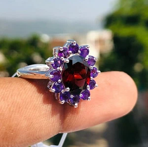 Piedras preciosas de granate natural y amatista con anillo de plata de ley 925 para mujer #3805 - Imagen 1 de 10