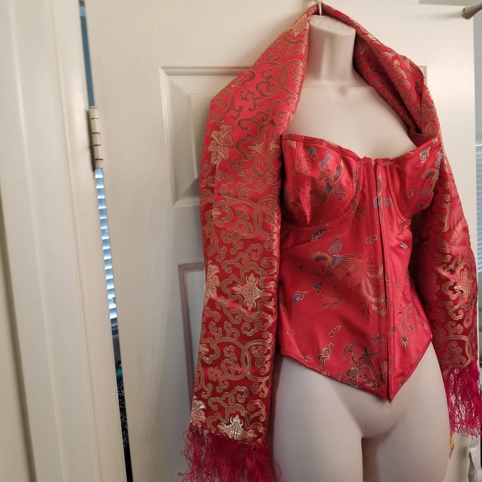 Red Chinese Dragon Phoenix Bird Jacquard Corset SZ 40 D Yun Brocade of China - Image 1 of 4