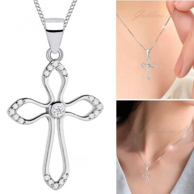 Kreuz Kette 925 Sterling Silber Diamant Zirkonia Damen Halskette - Bild 1 von 4