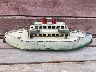 Antique Dayton Schieble Hill Climber Large Tin Ship Boat 18" w Life Boats 1900s - Image 1 of 4