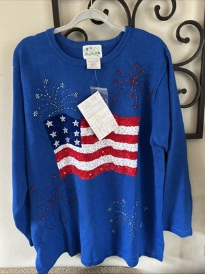 NWT Quacker Factory Sweater Women's 1X Knit Sequin Bead Patriotic Flag 4th July - Image 1 of 4