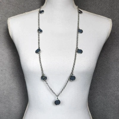 Новый с Ярлыками Chico's Delanie ожерелье длинная серебряная цепочка + двусторонний синий круг подвески - Изображение 1 из 4