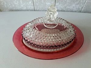Vintage Indiana Glas Rubinrot Flash Diamond Point Oval bedeckt Butterdose - Bild 1 von 8