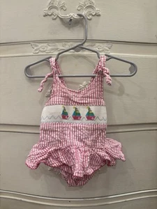 silly goose hand smocked size 18 months swimsuit sailboats and seersucker pink - Picture 1 of 3