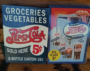 Vintage 2001 Pepsi Cola Tin Sign Pair - Diner - Restaurant - Home - Picture 1 of 3