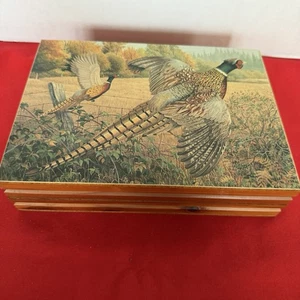 Vintage Wood Box With Pheasants Pictured ~Velvet Lined ~ 9”x6.5” - Picture 1 of 10
