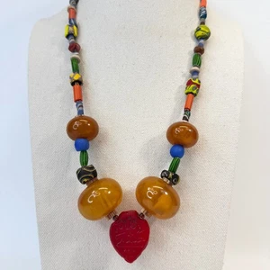 Vintage Butterscotch Bakelite Bead and Trade Bead Necklace Red Heart Pendant - Picture 1 of 14