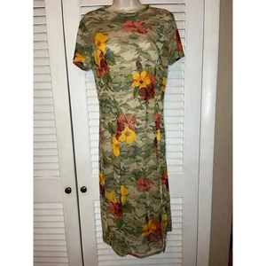 NNYC Made in Egypt Floral Camo Print Semi Sheer Dress Casual Comfy Size L - Picture 1 of 4