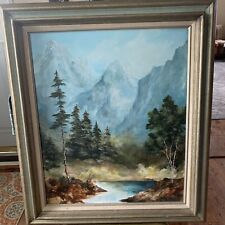 Peinture à l'huile vintage montagnes Rocheuses à bord 31x27"" signée Jane Rocheleau