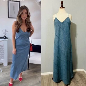 Zara Bloggers Fav V-neck Denim MIDI Dress Spaghetti Straps 100% Cotton Size M - Picture 1 of 11