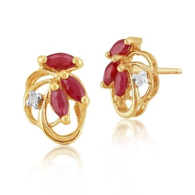 Floral Marquise Ruby & Diamond Stud Earrings in 9ct Yellow Gold - Image 1 of 3