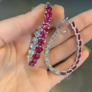 5Ct Simulated Ruby & Cubic zirconia Hoop Earrings 14k White Gold Plated - Picture 1 of 4