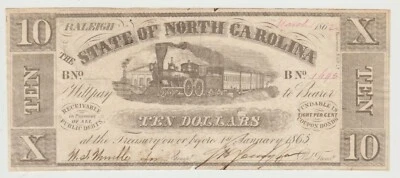 Billete de 10 dólares del estado de Carolina del Norte de 1862 - fino/en estado bastante bueno - escaso - Raleigh, Carolina del Norte Foto 1 de 2
