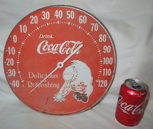 VINTAGE USA JUMBO DIAL METAL COCA COLA CAP BOY ART ADVERTISING THERMOMETER SIGN - Picture 1 of 11