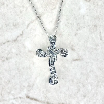 10K Diamond Cross Pendant Necklace - Solid 10K White Gold Diamond Cross Necklace - Image 1 of 4