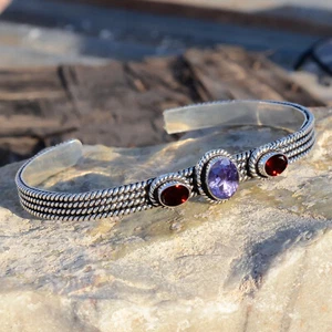 Amethyst Garnet Gemstone Bracelet 925 Sterling Silver Cuff Gifted Bangle Jewelry - Picture 1 of 6