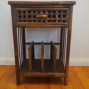 Vintage Boho Bamboo Rattan Wicker End Side Table with Magazine Rack & Drawer - Picture 1 of 12