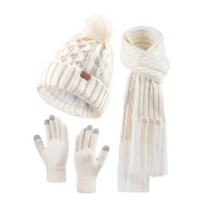 Women Winter White Knit Warm Hat Scarf Beanie Gloves Set Pom Fleece Lined Hat - Picture 1 of 3