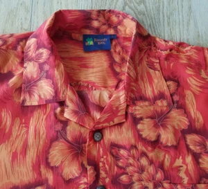 Camisa de campamento vintage Roundy Bay hawaiana Aloha para hombre L naranja/rojo floral en muy buena condición - Imagen 1 de 8