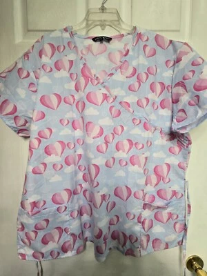 Samantha Mara Scrub Top size 2X-Pink Heart Balloons in Blue sky-Chest 27"/L28.5" - Image 1 of 4