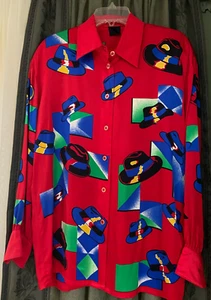 ESCADA VINTAGE SILK LONG BLOUSE IN RED COLORFUL FEDORA HAT PRINT GERMANY 12-14 - Picture 1 of 10