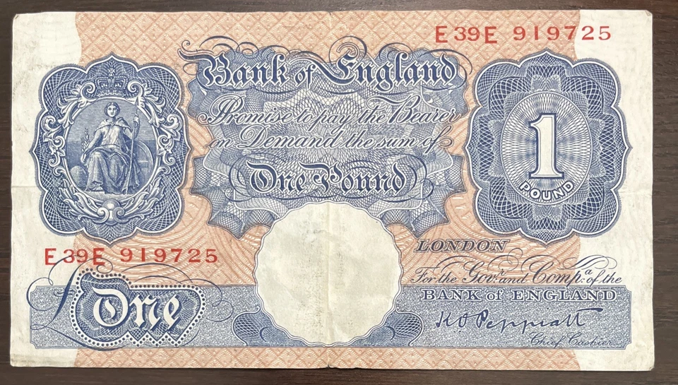 Billete de una libra emisión de emergencia del Banco de Inglaterra 1940 (emisión Peppiatt) Foto 1 de 2