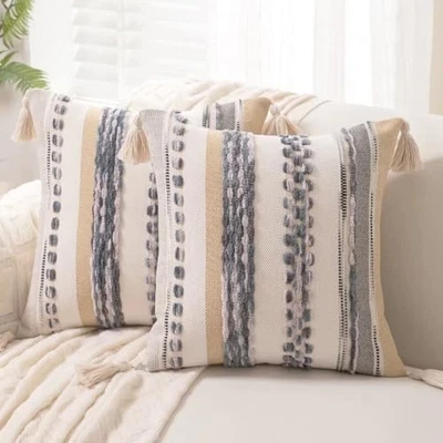 Juego de 2 Fundas de Almohada Boho 18x18 Tejidas Mechonadas 18" x 18" (Pack de 2) Gris Foto 1 de 4