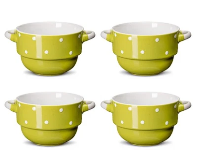 Juego de 4 cuencos de sopa de cerámica de lunares verdes de 16 oz con asas dobles Foto 1 de 4